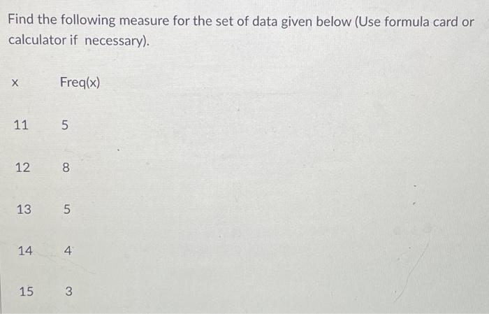 Solved Find the following measure for the set of data given | Chegg.com