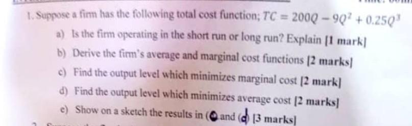 Solved 1. Suppose a firm has the following total cost | Chegg.com