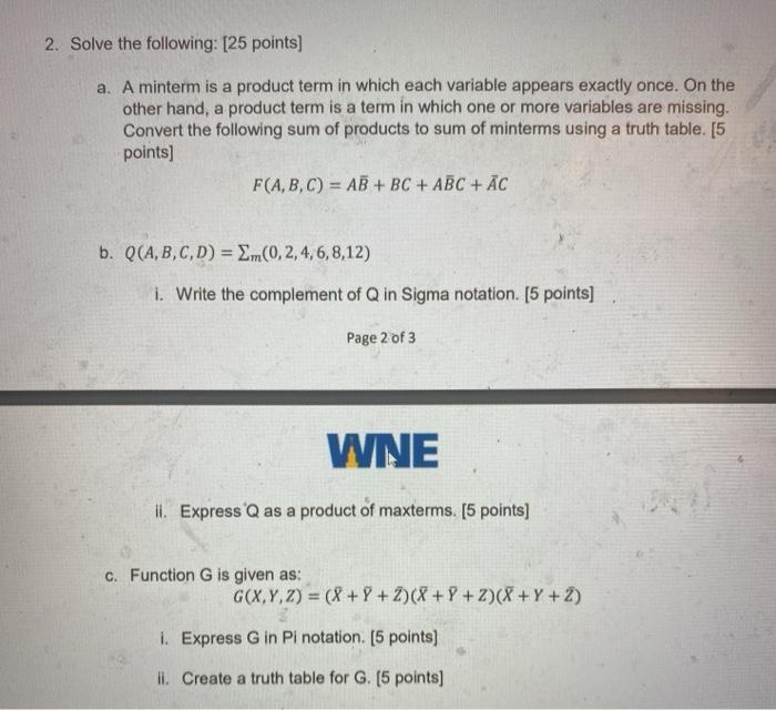 Solved 2. Solve the following: (25 points) a. A minterm is a | Chegg.com