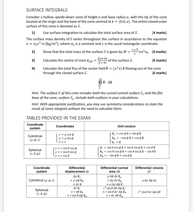 Surface Integrals Consider A Hollow Upside Down Co Chegg Com