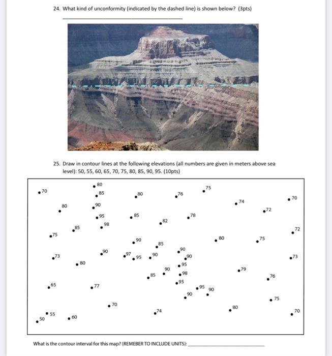 24. What kind of unconformity (indicated by the dashed line) is shown below? (3pts)
25. Draw in contour lines at the followin