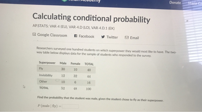 Solved Donate Maria Calculating conditional probability | Chegg.com