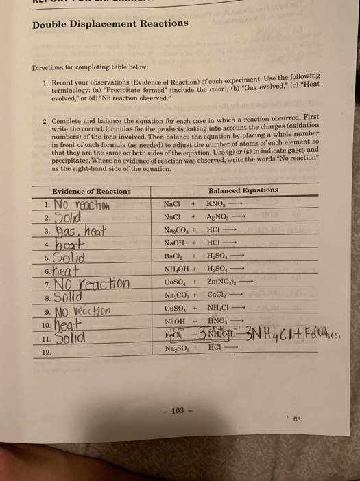 experiment 10 double displacement reactions answers