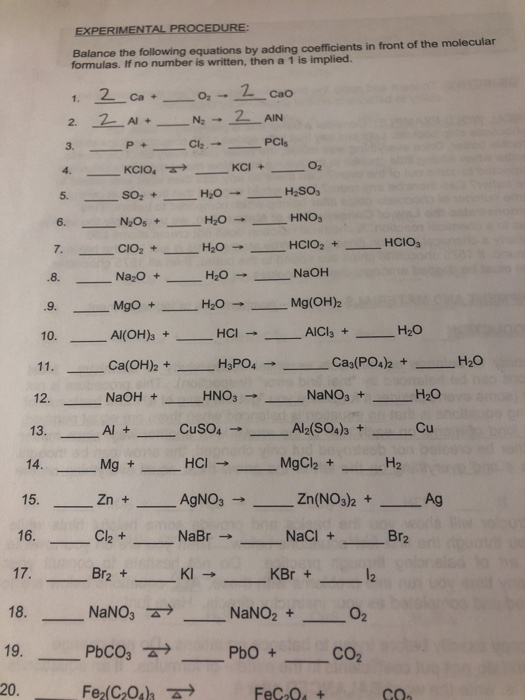 Solved EXPERIMENTAL PROCEDURE: Balance the following | Chegg.com