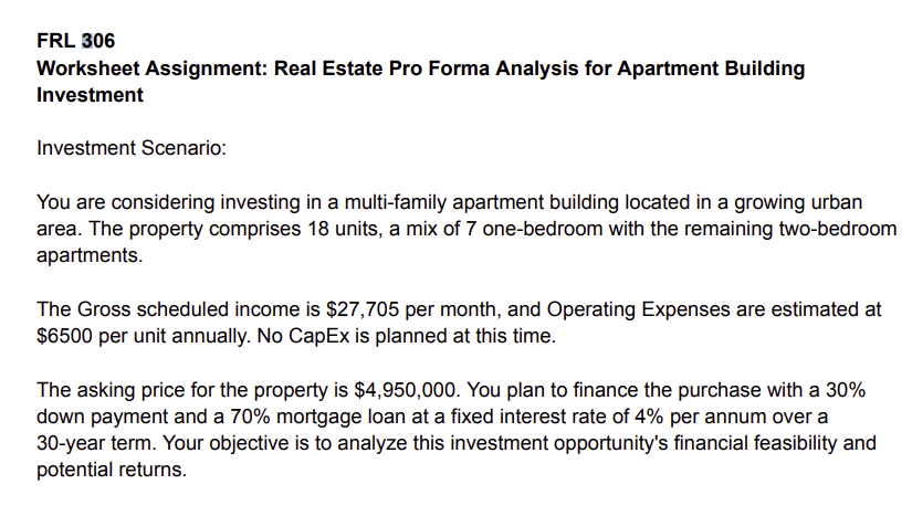 Frl 306worksheet Assignment Real Estate Pro Forma