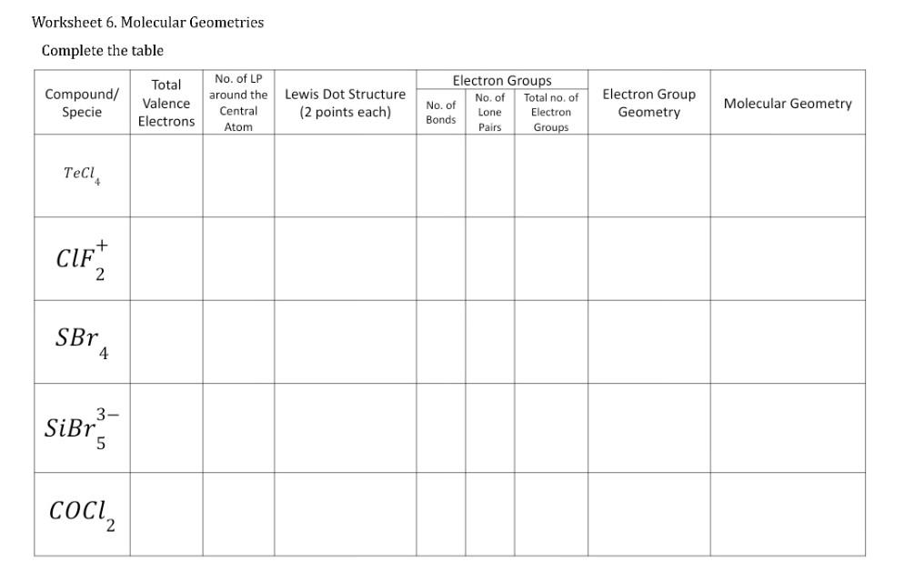 Solved Worksheet 6. Molecular Geometries | Chegg.com