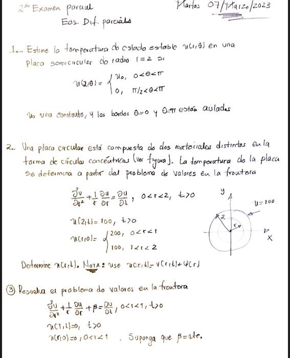 Eos. Dif. parcials 1.- Estime la tomperatura do cslado estable \( u(1, \theta) \) en una placa somicucular do tadio \( i=2 \)