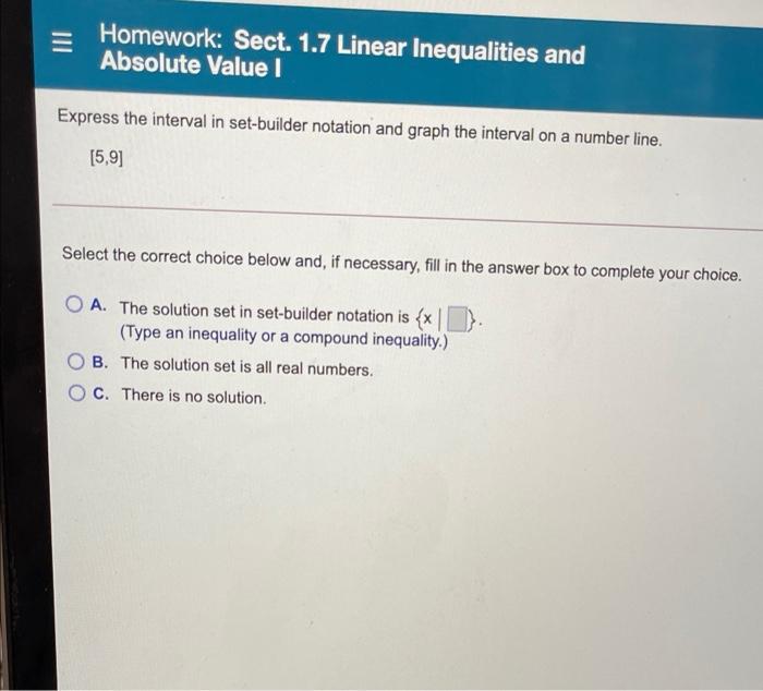 Solved Homework: Sect. 1.7 Linear Inequalities and Absolute | Chegg.com