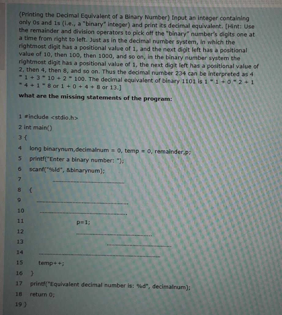 Solved (Printing the Decimal Equivalent of a Binary Number) | Chegg.com