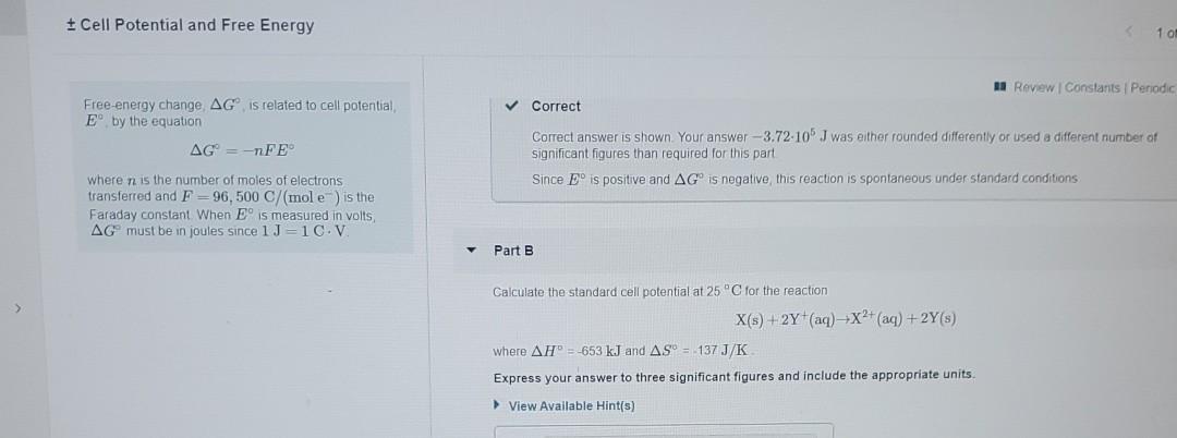 Solved + Cell Potential and Free Energy 1 0 u Review | Chegg.com