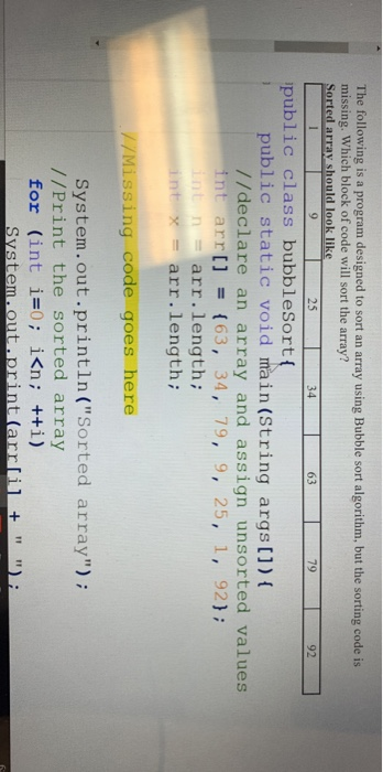 Solved The following is a program designed to sort an array | Chegg.com