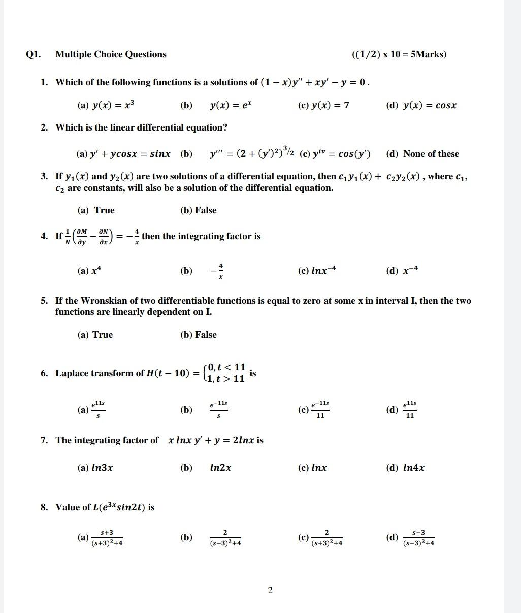 Solved Q1. Multiple Choice Questions 1. Which of the | Chegg.com