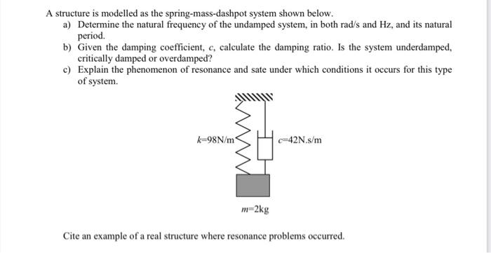Solved A structure is modelled as the spring-mass-dashpot | Chegg.com