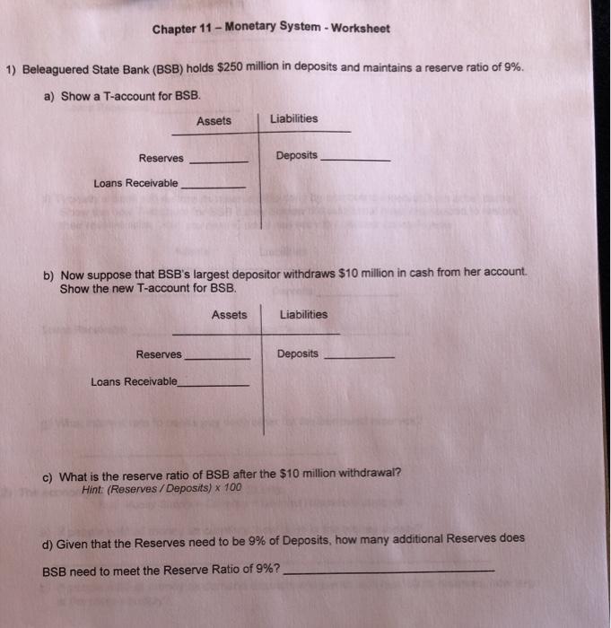 Solved Chapter 11 - Monetary System - Worksheet 1) | Chegg.com