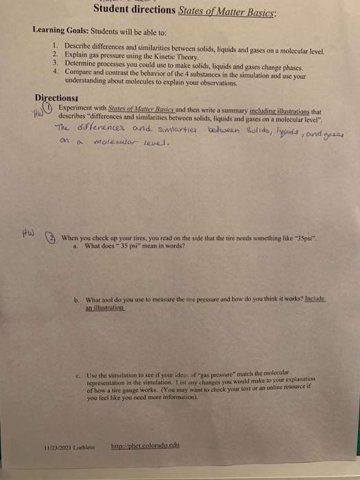 Solved Student directions States of Matter Basics: Learning | Chegg.com
