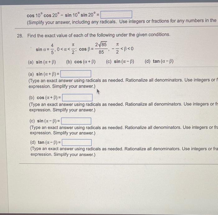 Solved cos10∘cos20∘−sin10∘sin20∘= (Simplify your answer, | Chegg.com