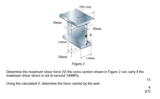 200 mm
20mm
20mm
210mm
110mm
20mm
Figure 2
Determine the maximum shear force (V) the cross section shown in Figure 2 can carr