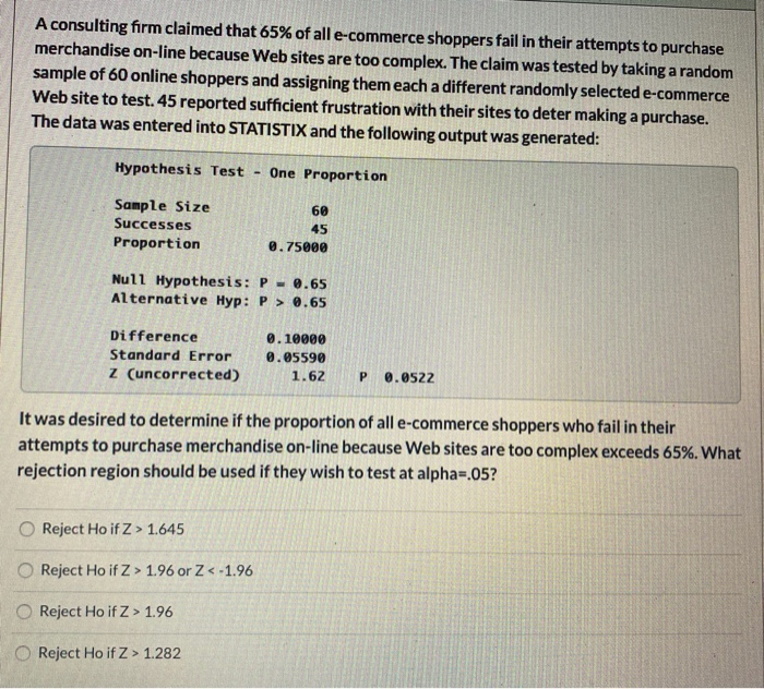 Solved A consulting firm claimed that 65% of all e-commerce | Chegg.com