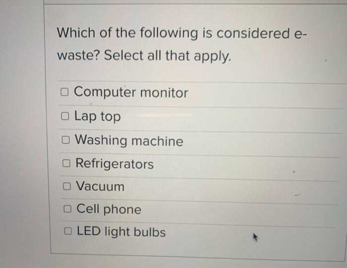 Solved Which of the following is considered e waste? Select