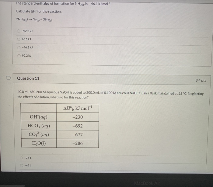 Solved The standard enthalpy of formation for NH3(g) is