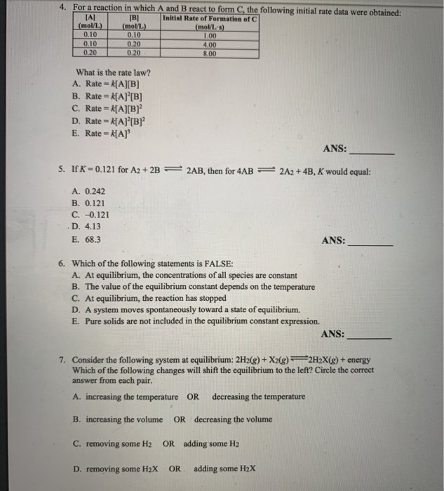 Solved 4. For a reaction in which A and B react to form C, | Chegg.com