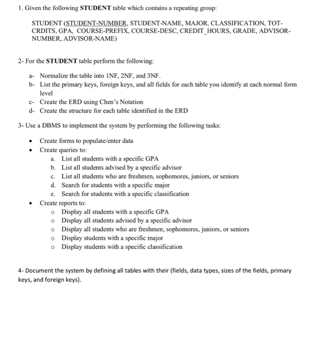 Solved 1. Given the following STUDENT table which contains a | Chegg.com