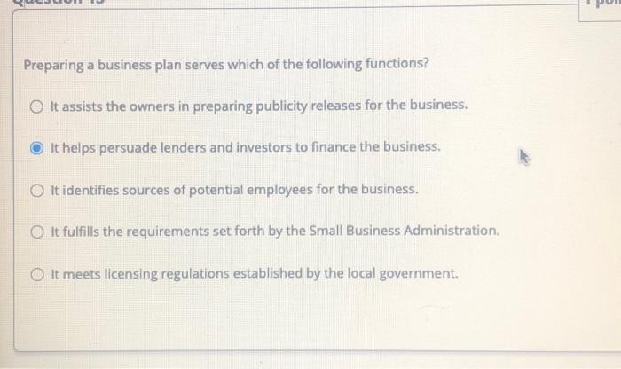 preparing a business plan serves which of the following functions