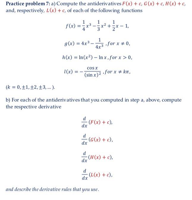 Solved Practice problem 7: a) Compute the antiderivatives | Chegg.com