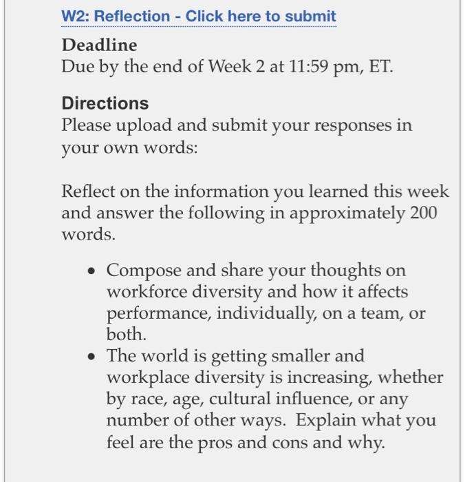 Solved W2: Reflection - Click here to submit Deadline Due by | Chegg.com