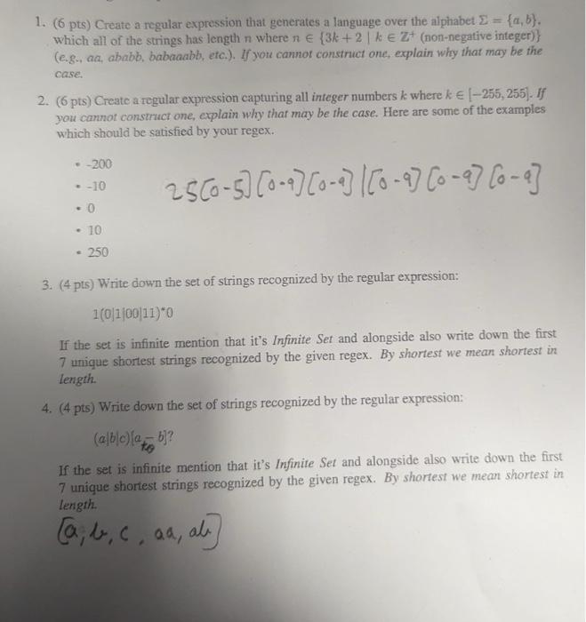 Solved 1. (6pts) Create a regular expression that generates | Chegg.com