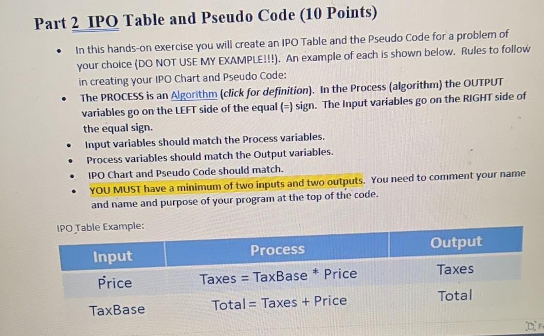 Solved Part 2 IPO Table and Pseudo Code (10 Points) . . In | Chegg.com