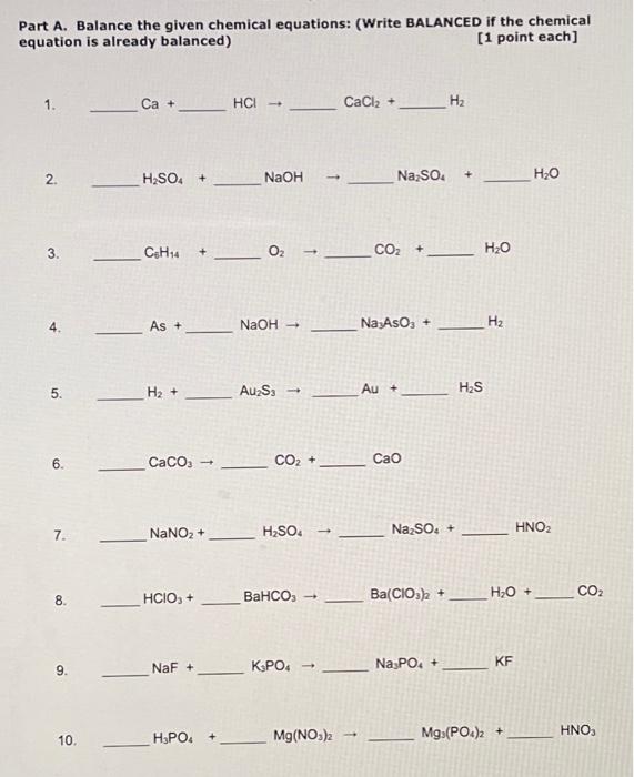 Solved Part A. Balance The Given Chemical Equations: (write 