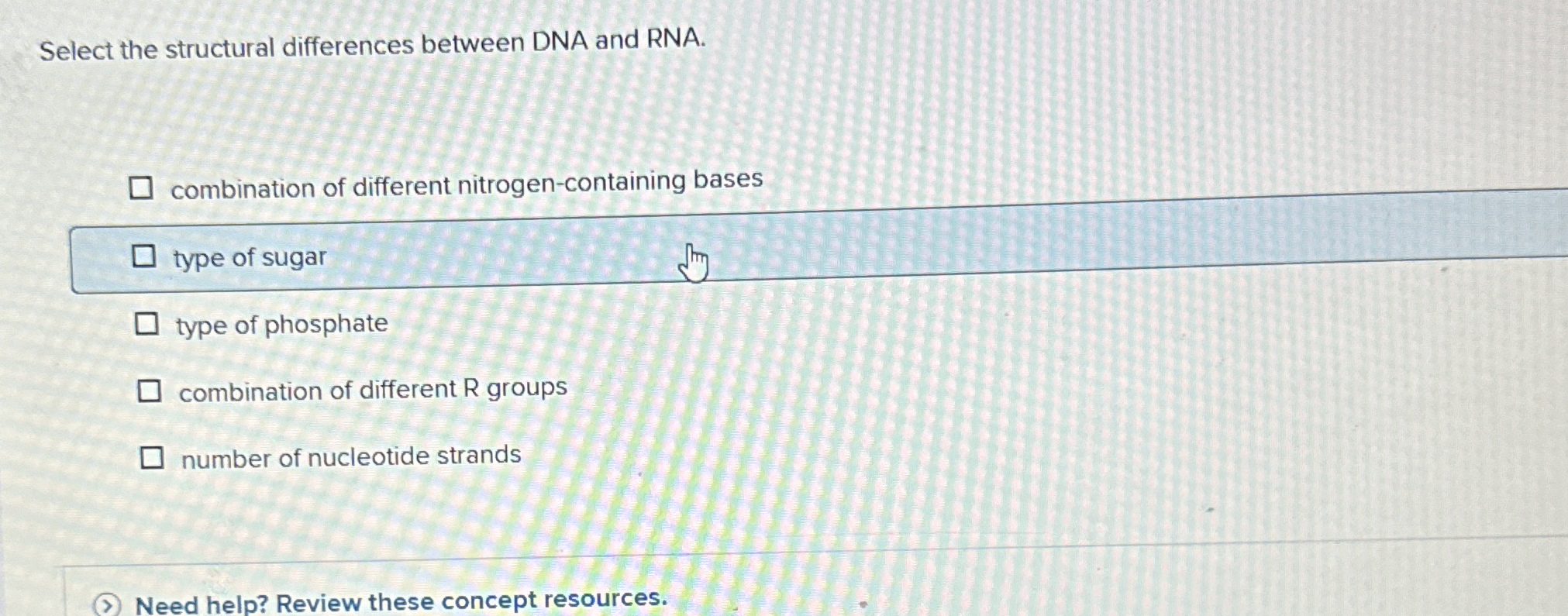 Solved Select the structural differences between DNA and | Chegg.com