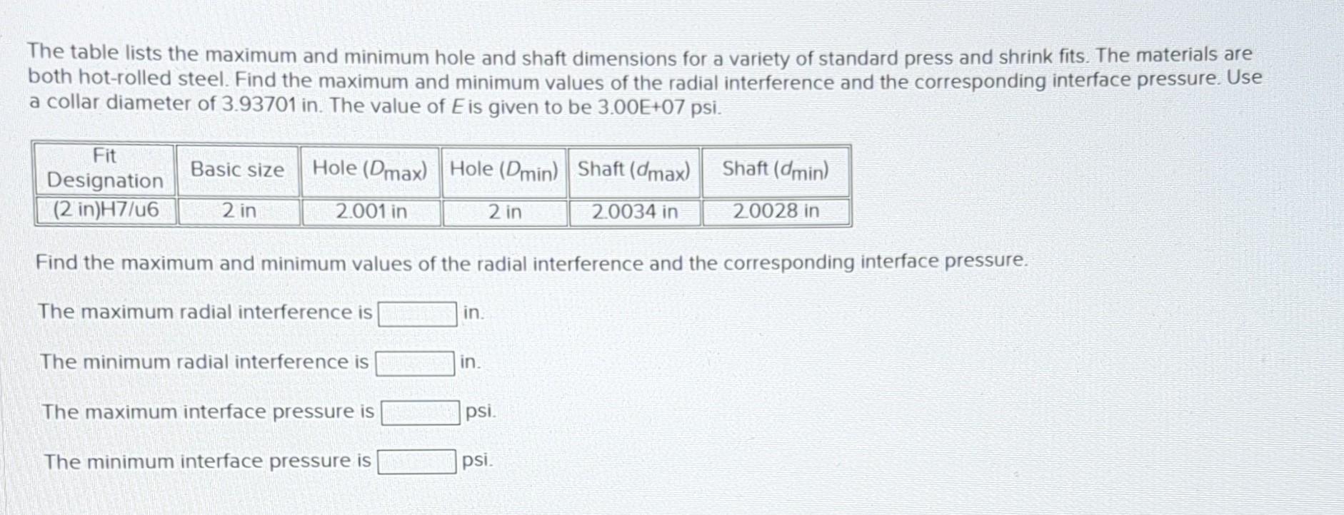 Solved The Table Lists The Maximum And Minimum Hole And | Chegg.com