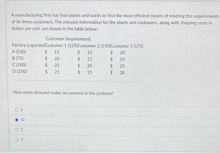 Solved A manufacturing firm has four plants and wants to | Chegg.com