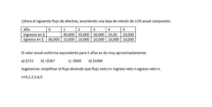 1) Para el siguiente flujo de efective, asumiendo una tasa de interés de \( 12 \% \) anual compuesto. El valor anual uniforme