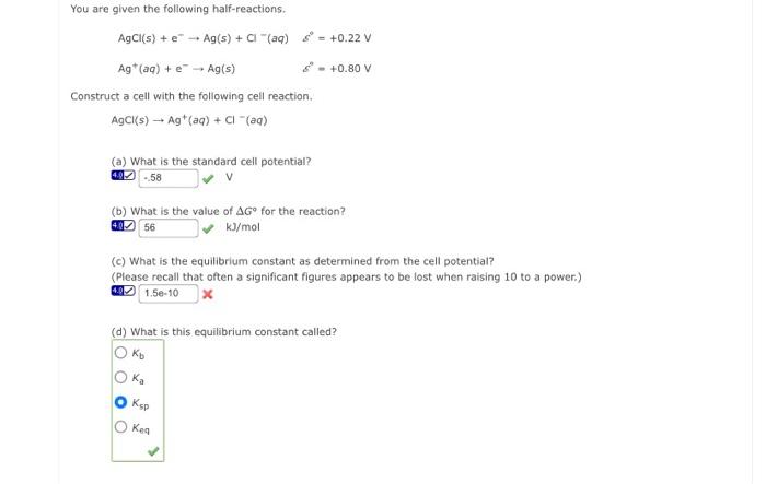 Solved You are given the following half-reactions. AgCl(s) + | Chegg.com