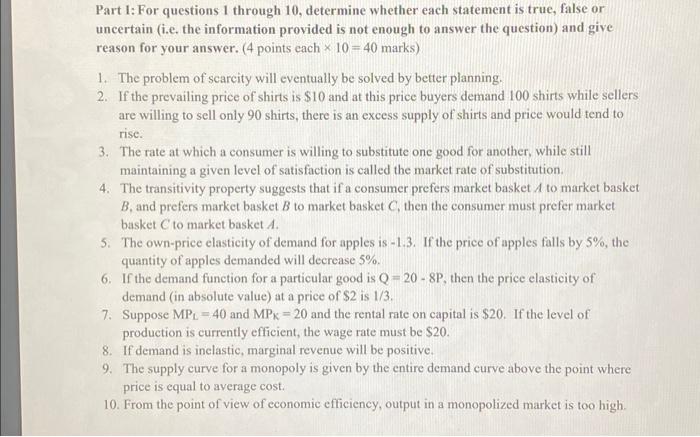 Solved Part 1: For questions 1 through 10 , determine | Chegg.com