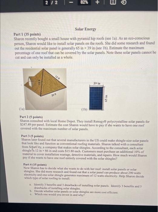 Solved 2 1 2 - 82% + Solar Energy Part 1 (35 points) Sharon | Chegg.com