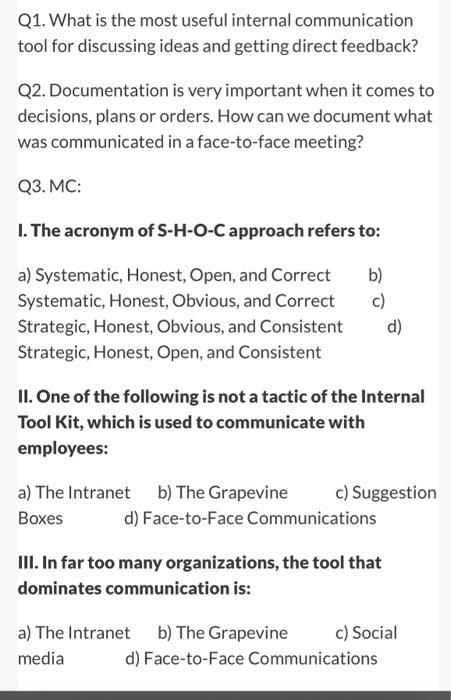 Solved Q1. What is the most useful internal communication | Chegg.com