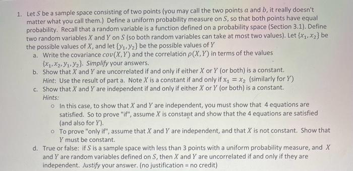 Solved 1. Let S be a sample space consisting of two points | Chegg.com