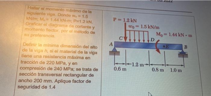 P = 1.2 KN Wo - 1.5 kN/m Mo = 1.44 kN. C D A B m Hallar el momento mécimo de la siguiente viga, Dondo Wo = 1.5 kN/m; M = 1.44