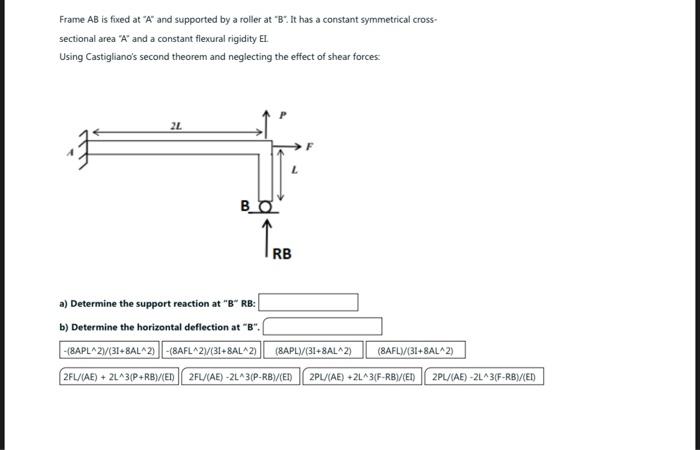Solved Frame AB is fixed at "A" and supported by a roller at | Chegg.com