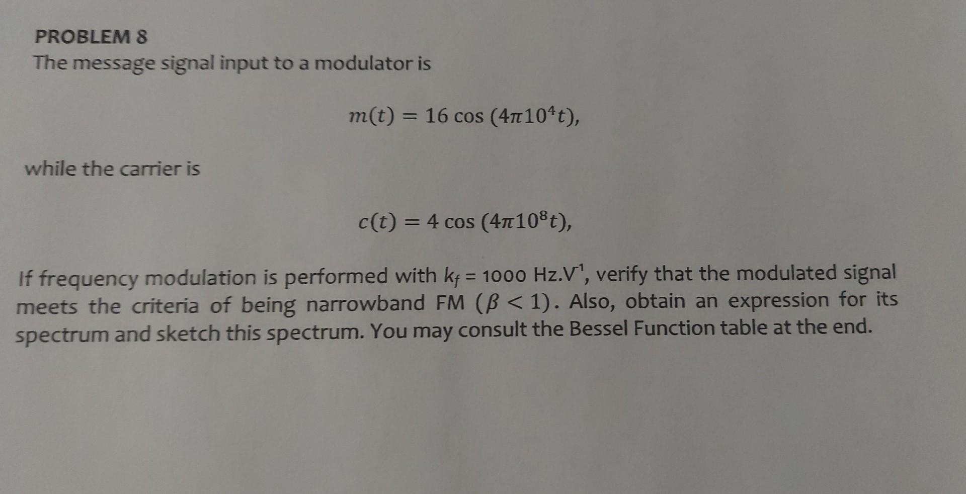 Solved PROBLEM 8 The message signal input to a modulator is | Chegg.com