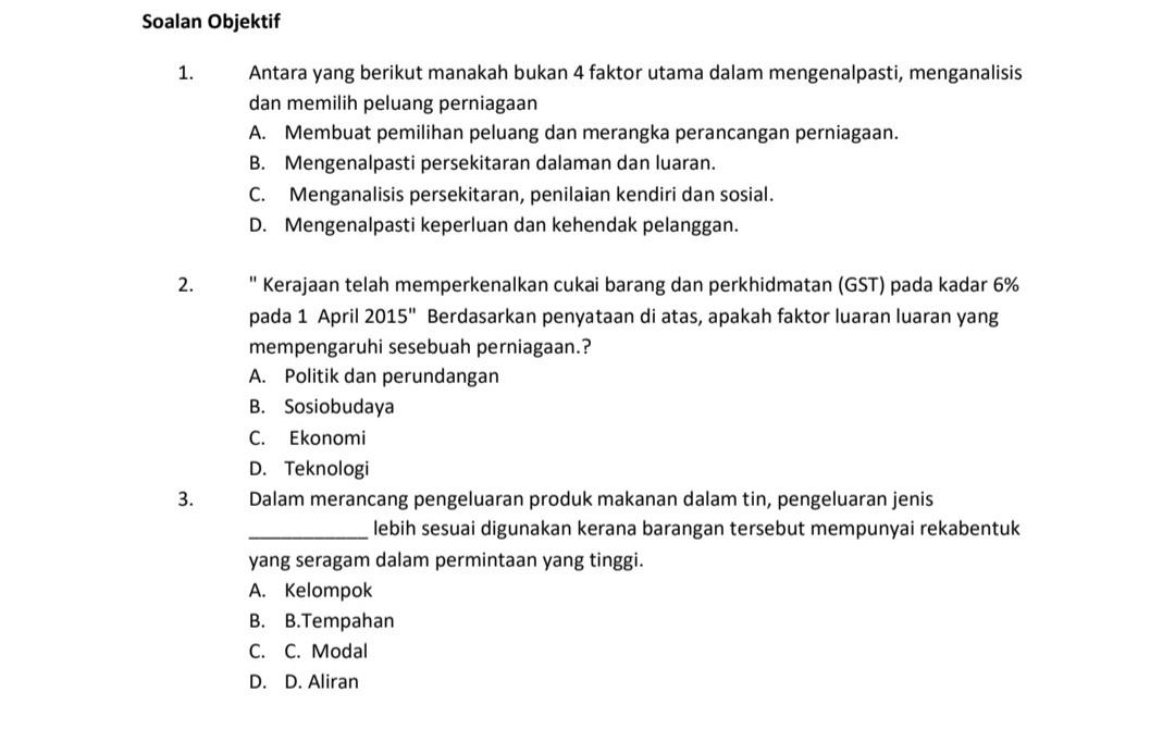 Soalan Objektif 1 Antara Yang Berikut Manakah Bukan Chegg Com