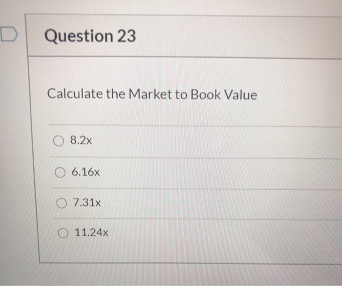 Solved Question 23 Calculate The Market To Book Value 8.2x | Chegg.com