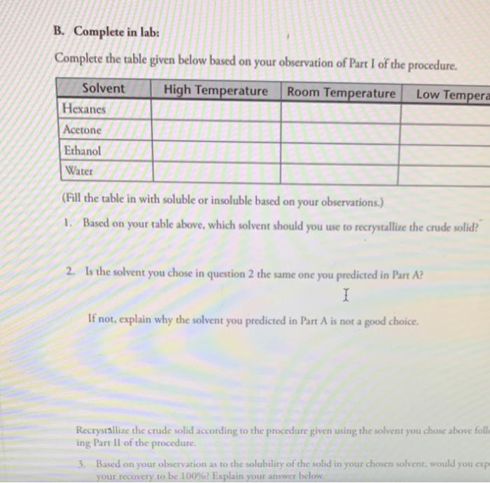 Solved B. Complete In Lab: Complete The Table Given Below | Chegg.com