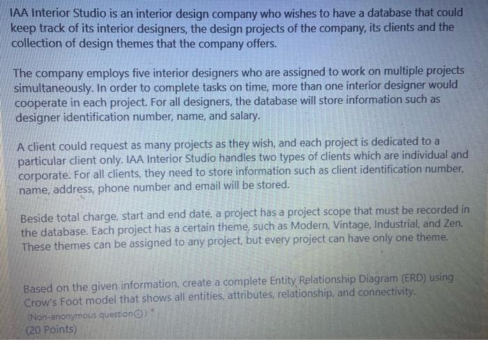 Solved IAA Interior Studio is an interior design company who | Chegg.com