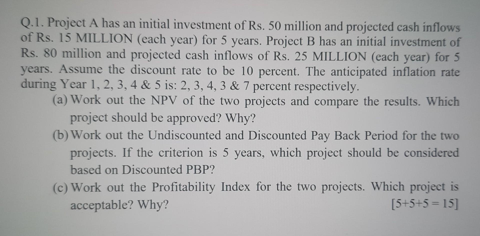 Solved Q.1. Project A Has An Initial Investment Of Rs. 50 | Chegg.com