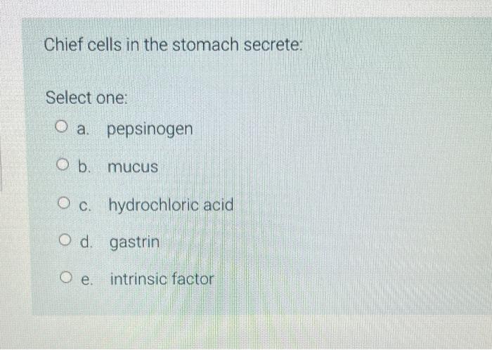 Solved Chief cells in the stomach secrete: Select one: O a. | Chegg.com